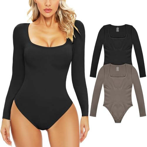 Svanco Body Gainant Femme Manches Longues Shapewear | Body Lissant Avec Col En U, Boutons-Pression À L’entrejambe, Sans Couture Et Hautement Élastique