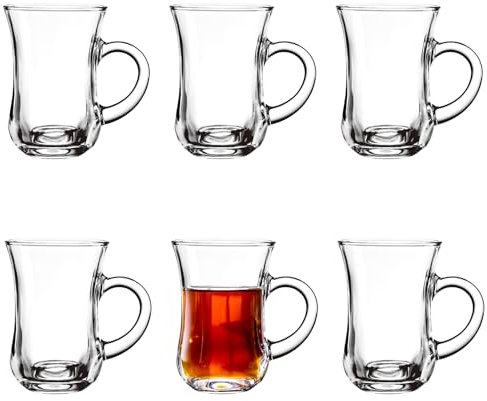 binsakao Turkish Tea Glasses with Handle - Set of 6 Tea Cups, Slim Waist Thick Sole Tea Glasses for Hold Cold Drinks, 5 oz / 150ml