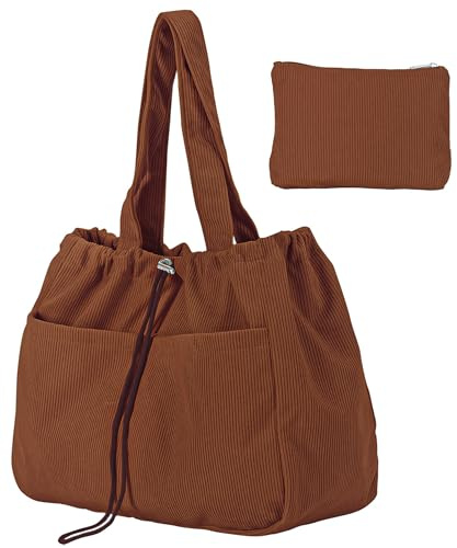 Gluckstar Shopper Tasche Damen,Groß Tote Bag, Cord Tasche Damen Schultertasche, Beuteltasche Uni Cordtasche, Stoff Tasche Cord Tragetasche, Große Handtasche für Schule und Alltag (Braun)
