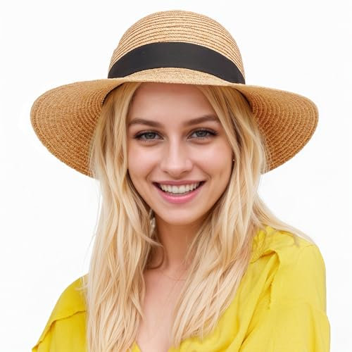 SEFIRST Damen Sonnenhut UV-Schutz Strandhut Faltbar Sommerhut UPF 50+ Strohhut mit Breite Krempe, Sommerhut Verstellbare Strohhut für Mädchen, Panamahut für Strand, Garten, Pool, Park, Khaki