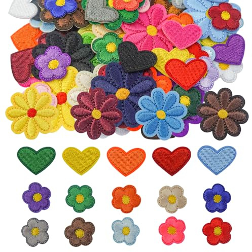 BuxiuGK 65 Piezas Parches Termoadhesivos Flores,28 Piezas Parche Bordados de Margaritas 22 Piezas Girasol 15 Piezas Parches Para Planchar En Forma De Corazón Pegatinas