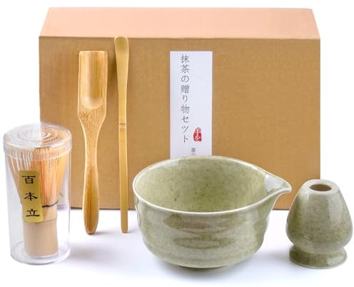 VIBINHO Matcha Set, 5 Stück Matcha Tee Set mit Matcha Besen, Matcha Schale, Matcha Löffel, Matcha Messlöffel, Besenhalter aus Keramik, Traditionelles Handwerkskit, Geschenk für Matcha-Liebhaber, Grün