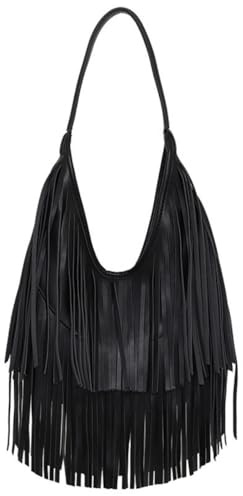 IAMUHI Ladies' Fashion Trend Hobo Purse Shoulder Bag Underarm Bag Fringe Bag Soft Vegan Leather Tassel Purse for Women, Black