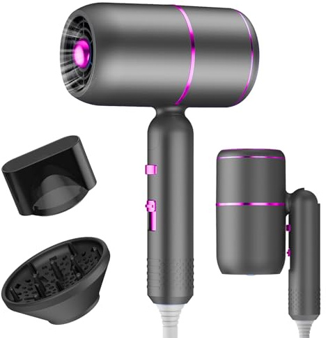 Sèche-Cheveux Seche Cheveux de Voyage Pliable, 2400W - Ionique & Puissant - 3 Températures / 2 Vitesses + Fonction Air Froid - Inclus Diffuseur & Concentrateur - Maison, Voyage, Salon de Coiffure