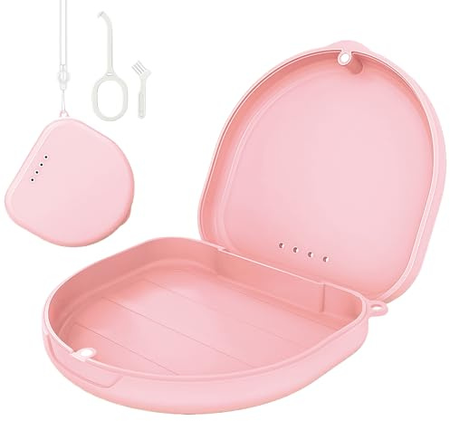 SSKHE Tandlåda med verktygsborste borttagningsverktyg kompakt tandhängare, kompatibel med Invisalign tandskydd vuxen magnetisk stängning ventilation handledsrem resor (rosa)