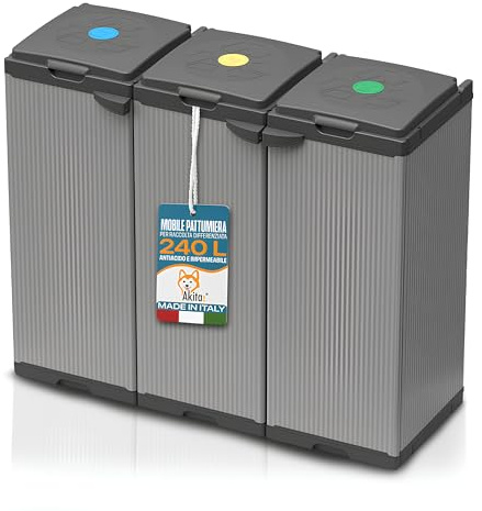 AKITAInk Pattumiera Differenziata Tris Totali 240-330L - Mobile Raccolta Differenziata con 3 Contenitori, Doppia Apertura, Plastica Robusta, Made in Italy, Uso Interno ed Esterno