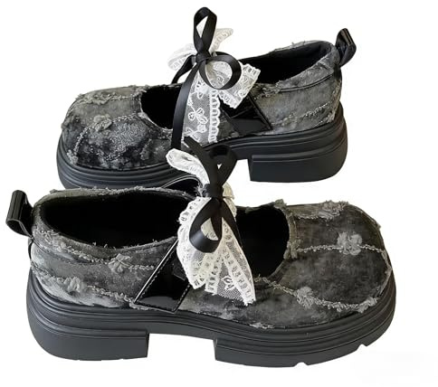 Y2K Grunge Platform Mary Jane - Scarpe da donna, in denim invecchiato, in velluto di velluto, con fiocco e suola grossa, stile casual, Nero , 37 EU