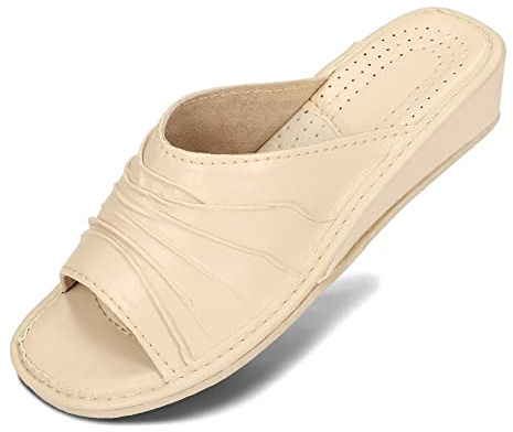 BeComfy Mujer Zapatillas por Casa Pantuflas Cuero Piel Beige Rojo Tacón Verano 35-41 EU