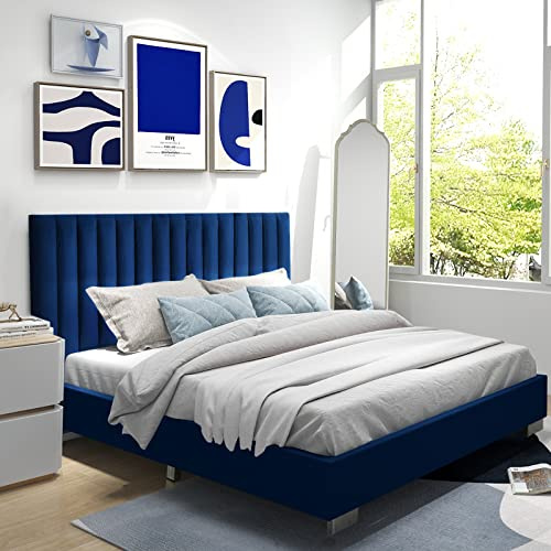 Giantex Upholstered Bed Frame, Full Size Modern Platform Bed with Vertical Channel Headboard, Solid Wood Slats Support Mattress Foundation, No Box Spring Needed, Navy