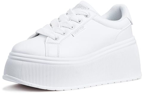 LUCKY STEP Baskets à Plateforme pour Femme | Sneakers Classiques en Toile avec Semelle Compensée Décontractées Basses Rétro (Blanc, 7US-37EU-4UK)