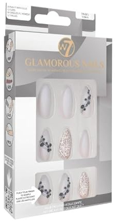 W7 Glamorous Nails - Salon Professional False Nails At Home - Glue Adhesive Included - Square Oval Shape - (Tinsel Town)