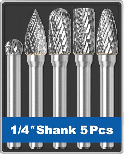 Sworker 5Pcs Carbide Burr Set 1/4 Shank w/Clear Box Head Dia 8mm Die Grinder Bits Rotary Tools Attachment Kit Rasp File Accessories Metal Wood Stone Steel Grinding Deburring Cutting Porting Carving