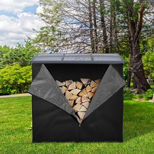ML-Design Housse d'Étagère à Bois de Cheminée, 185L x 125H cm, Noir, Résistant aux Intempéries, Polyester avec Revêtement PVC, Bâche de Protection Étagère à Bois de Chauffage, Couverture de Pluie