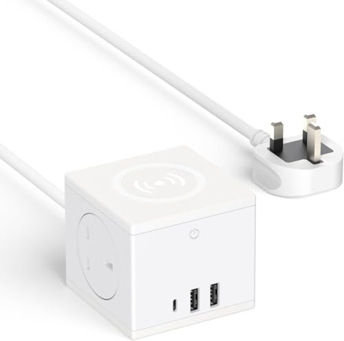 BQO 6-i-1 grenuttag kub USB med trådlös induktionsladdare 15 W, flera uttag 2 fack med 3 USB, grenuttag kub överspänningsskydd med 1,8 m för iPhone/iPad/Chromebook