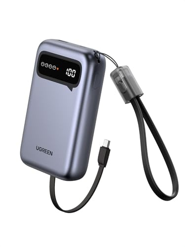 UGREEN Power Bank, 20000mAh Powerbank 22.5W Max mit 2 integriertem USB-C Kabel, 2C1A mit Digitales Display, Externer Handyakkus für iPhone 16 Pro Max/15/14, Galaxy S24 Ultra S23 und mehr（Schwarz）