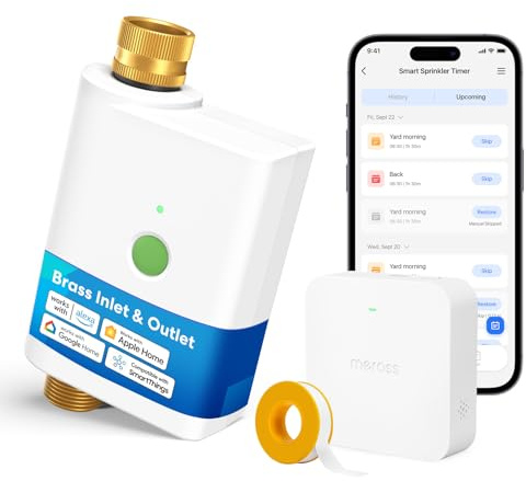 meross WiFi Water Timer for Garden Hose, Smart Hose Timer with Brass Inlet & Outet, WiFi Sprinkler Valve Work with Apple Homekit, Alexa & Google Assistant, Smart Rain Skip for Lawn, Garden & Yard