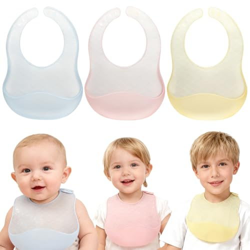 ORAGKE Juego de 3 Babero Silicona Bebe sin BPA Ultraligero, Baberos Bebe Impermeables Ajustables, Baberos Bebe Silicona Flexible y Suave, Apto para lavavajillas, 6 meses a 6 años (Rosa/Amarillo/Azul)