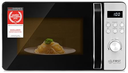 TZS First Austria - Mikrowellenofen mit Grill 20L - 2-in-1 Kombi-Mikrowelle, 700 W & 800 W Grill, 8 Programme, Schnellstart, LED-Display, Edelstahl, Kindersicherung