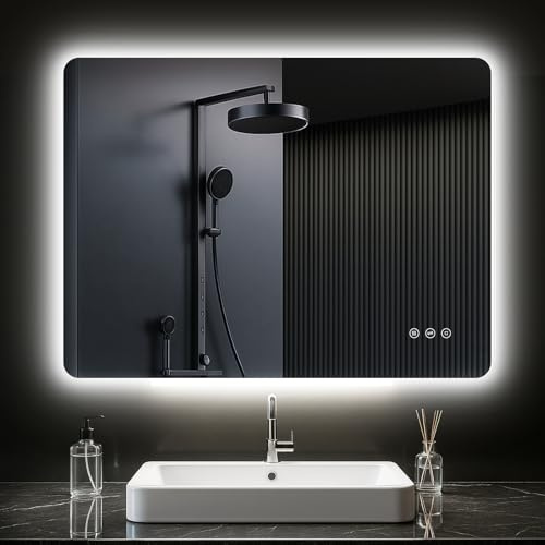 PESENXAN Badrumsspegel med belysning, 80 x 60 cm, LED-spegel för badrum med imskydd, 3 ljusfärger, dimbar, rektangulär badrumsspegel med touch-brytare, minnesfunktion, horisontell/vertikal montering