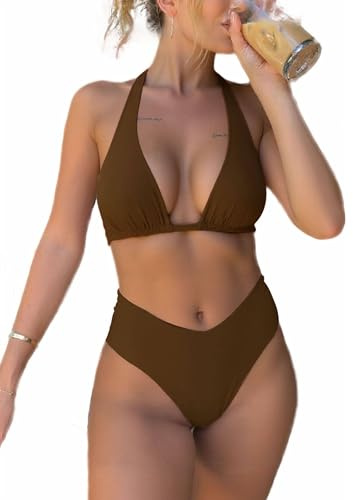 Layakanup Womens Bathing Suit Sexy Brazil Push Up Bikini Top High Waisted Cheeky Bikini Sets V Bikini Bottom(Brown,L)