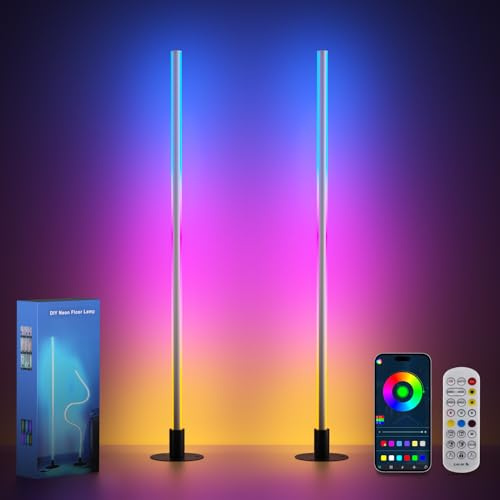 Synvion Smart LED Floor Lamp 2 Pack, Flexible RGB Corner Lamps with Music Sync, APP& Remote Control, 16 Million Colours Light, DIY Shape Timer for Living Room, Bedroom, 123CM