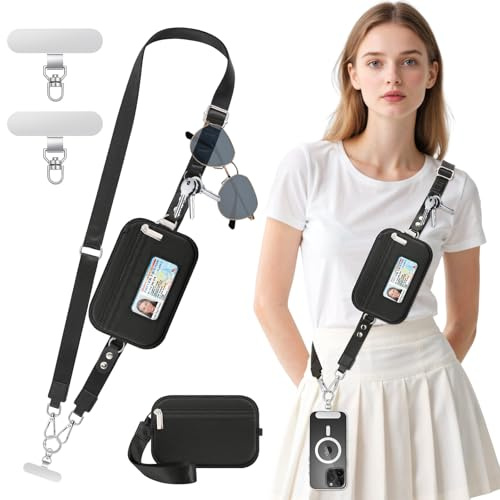MoKo Phone Crossbody Lanyard with RFID Wallet, Clip and Go Strap Crossbody Lanyard & Detachable Wallet with ID Window, Adjustable iPhone Strap with 360° Rotatable Phone Tabs for Smartphone, Black