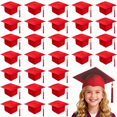 Flojudo 30 Pcs Child Size Preschool Grad Caps Bulk Kindergarten Graduation Cap Grad Hats (Red)
