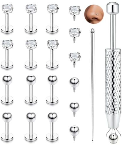 CASSIECA 20Pcs Labret Piercing Jewellery Surgical Steel Flat Back Earrings