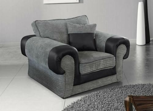 Grey Fabric & Black Faux Leather 3+2 Corner Armchair Seater Sofa Set | Modern High Back Cushioned Sofas | Deep Seat Comfort Living Room Suite | UK Home (Armchair)