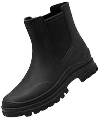 Maskjuwio Stivali di gomma da donna in gomma tinta unita con suola grossa, stivali da Wellington per festival, antiscivolo, in neoprene, alla moda, da giardino, leggeri, senza lacci, da lavoro, Nero