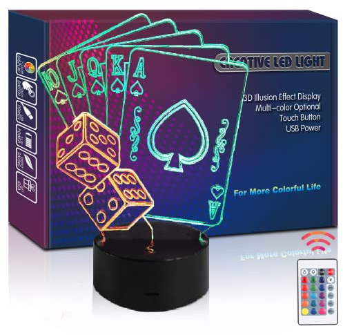 HIPIYA Poker Dice LED 3D Illusion USB Playing Card Lamp Mixed Color Night Light Festival Present Birthday Gift for Boy Boyfriend Men Fan Player Kid Bedroom Decoration Gambling Club Room Decor (Poker)