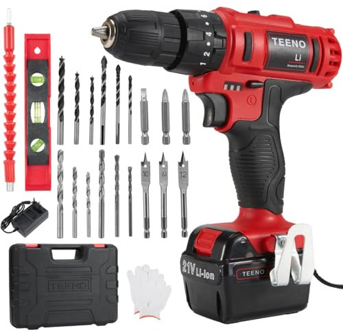 Trapano a percussione TEENO 21V, trapano avvitatore a batteria con 2 batterie da 2000mAh, 40Nm, 18+3 impostazioni di coppia, 20 accessori, 2 velocità, luci LED, adatto per uso domestico e fai da te