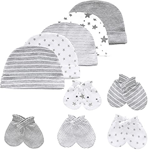Chamie Baby Hat and Mittens, Newborn Set, 5 Hats and 5 Pairs Mittens for Babies, Boys, Girls, Ages 0-6 Months, 100% Cotton, Grey