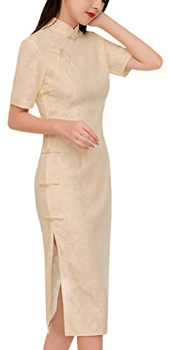 Women's Short Sleeve Midi Cheongsam Elegant Ivory Mandarin Collar Embroidery Side Slit Chinese Qipao Bodycon Dress (Beige Yellow, L)