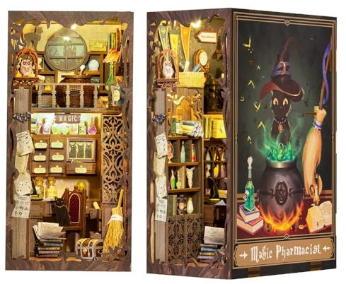 Cutefun Book Nook Kit,Magic Pharmacist Puppenhaus,DIY Miniatur Haus Book Nook 3D Wandbehang Puzzle Häuser Modellbausätze mit LED Leuchten,Modellbausätze für Erwachsene zum Bauen (SZ05)