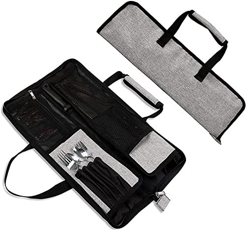 YWYHHM Sac à Couteaux à Roulettes - 13 Compartiments pour Ustensiles, Rangement pour Camping, Gris, 18 W * 11 H (46 * 29 cm), Mallette