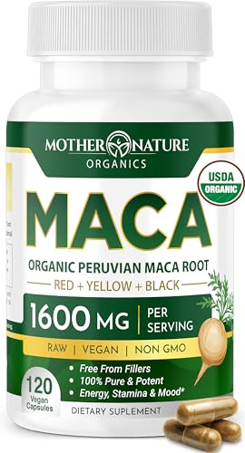 Mother Nature Organic Maca Root Capsules – 1600mg, 120 Vegan Capsules – Non GMO Peruvian Yellow, Red & Black Maca for Men & Women - Energy, Hormone, Brain & Weight Well-Being