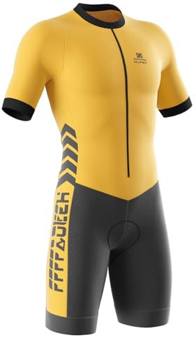 Triathlon Anzug Herren - Einteiliges Radtrikot - Trisuit Einteiler – Triathlonanzug - Triathlon Einteiler Kurz - 3Taschen für Wettkampf Run, Cycle, Swim,Strumpfhosen (Gelb,L)