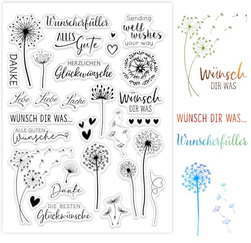 BETESSIN Silikon Stempel Sprüche Deutsch Pusteblume Klare Stempel Glückwunsch Wunscherfüller Stempelmotive Löwenzahn Clear Stamps zum Kartenbasteln DIY Scrapbooking Fotoalbum Geschenkanhänger