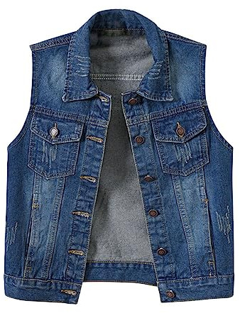 Chaqueta de Denim para Mujer en Color Azul Oscuro - Chaqueta de Denim sin Mangas con Cuello de Pico, Estilo Ripped, con Bolsillos, para Transición, Resistente, Corta, Ligera y Casual, con Botones