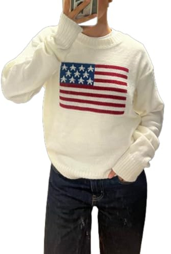 Owegvia Maglia da donna con grafica con bandiera americana, a maniche lunghe, girocollo, pullover casual, bianco, S