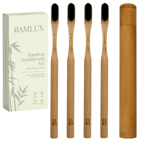 BAMLUX Bambus-Zahnbürsten Set – 4 Zahnbürsten mit 20.000 extra weichen Borsten – Ideal für empfindliche Zähne & Zahnfleischrückgang – Nachhaltige Familienzahnbürste aus Holz – Inklusive Reiseetui