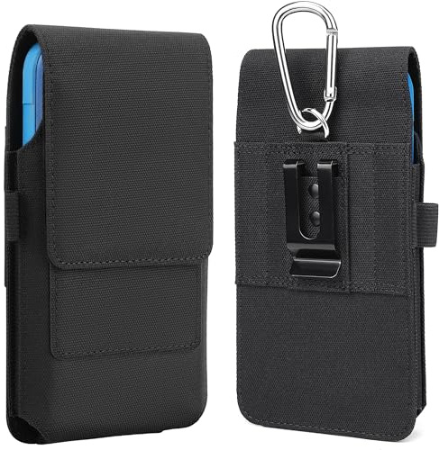 Gcepls Custodia per cellulare in nylon da uomo con clip in metallo e moschettone – portacellulare da cintura portatile verticale e orizzontale – Custodia per iPhone 16, 16 Pro, 15, 15 Pro, Samsung