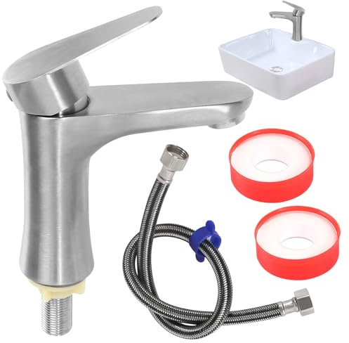 Grifo monomando para baño, para invitados, agua fría, acero inoxidable, grifo de agua fría con manguera de conexión de 60 cm, para baño o invitados, solo agua fría