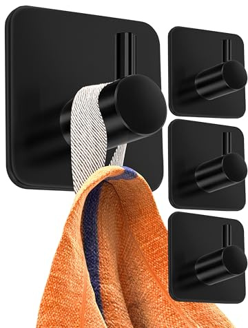 Menz Portasciugamani senza foratura, colore nero, set da 4 pezzi | Ganci adesivi extra forti in acciaio inox, ganci autoadesivi con cuscinetti adesivi impermeabili, portasciugamani da bagno