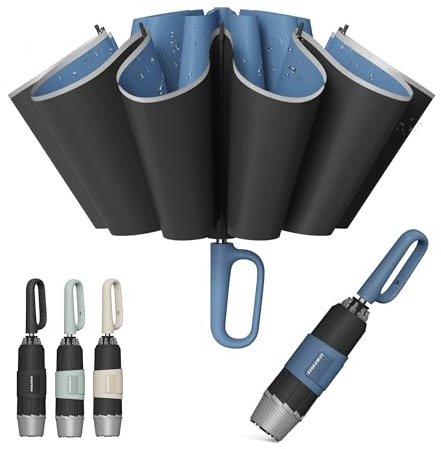 QWB TUMAAOTU Inverted Umbrella with Carabiner Handle, Compact Wind Proof Umbrellas For Rain and Sun Protection, Portable Reverse Folding Umbrella, Car Umbrella for Women Men, 10 Ribs (UV Blue)