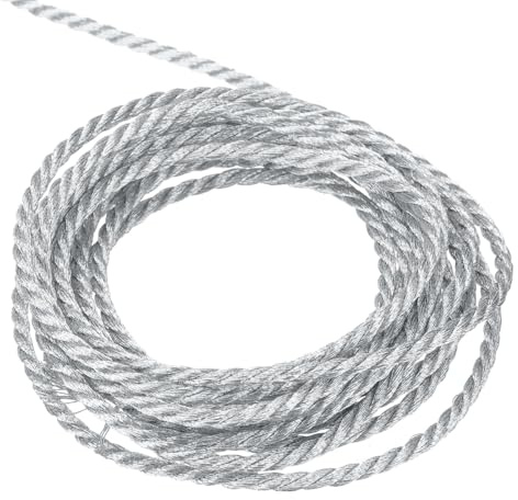 QUARKZMAN Corda Intrecciata in Poliestere 15m, 2mm 3 Strati Cordino Decorativo Ritorto Flessibile Brillante per Tenda Artigianato Regalo Borsa Decorazioni Natalizie, Argento - 16ft