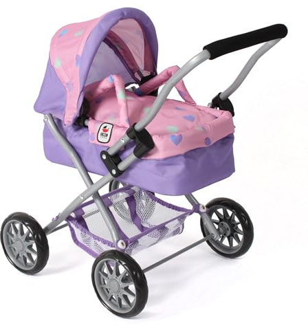 Bayer Chic 2000® Carrozzina per bambole Smarty – Cuoricino viola – Pieghevole – con tettuccia, borsa, cuscino e coperta – Altezza manico 56 cm – Per bambini dai 2 anni in su