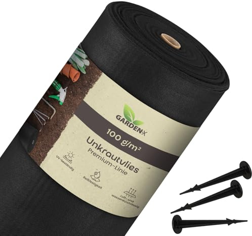 GARDENIX Toile Anti-Mauvaises Herbes - 100 m² - avec 100 piquets - 1 m x 100 m - Perméable à l'eau - 100 g/m² - Noir - Résistant aux UV - pour Plate-Bande surélevée - Film Anti-Mauvaises Herbes