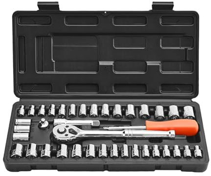 VEVOR Jeu de Douilles SAE et Métriques, Kit d'Outils de Mécanicien 39PCs, avec Clé à Cliquet à Entraînement de 9,5 et 6,4 mm, Accessoires et Étui de Rangement, en Acier Allié CR-V, Réparation